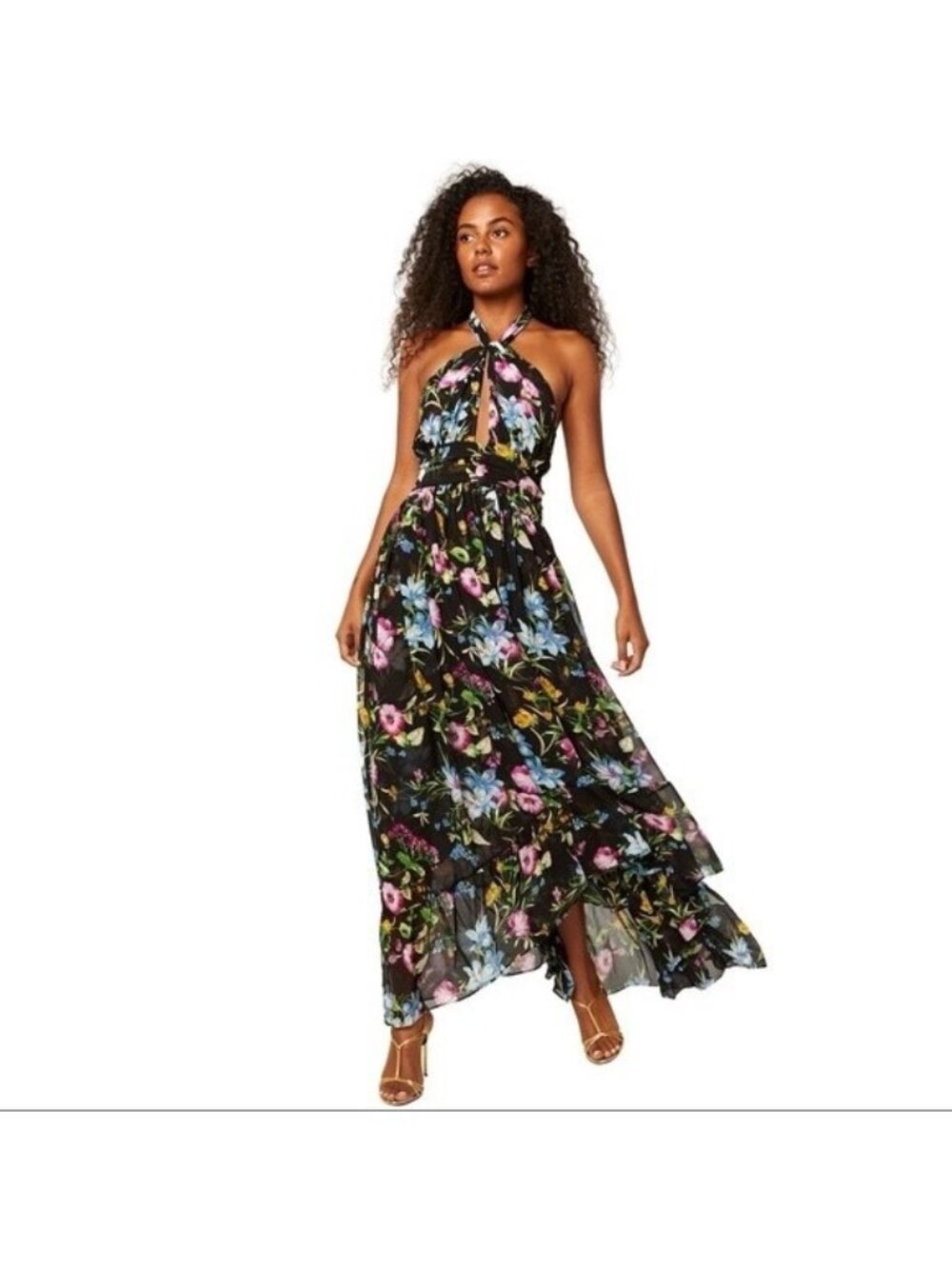 Misa Los Angeles Women's Faye Dress Size XS Black Floral Halter Neck Maxi Length